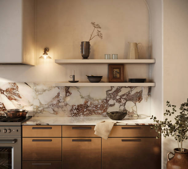 3D rendering of a kitchen interior design with marble stone wall
