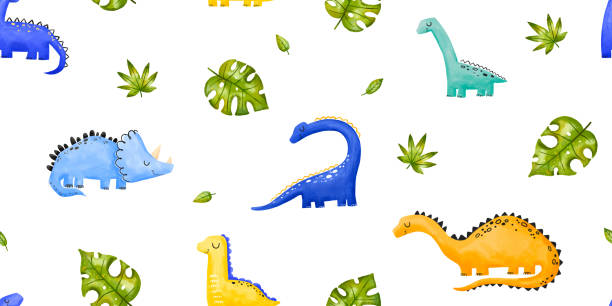 istock Seamless pattern with colored dinosaur and monstera leaves. Tropical jungle and t rex. Kids funny background for nursery 2159353478