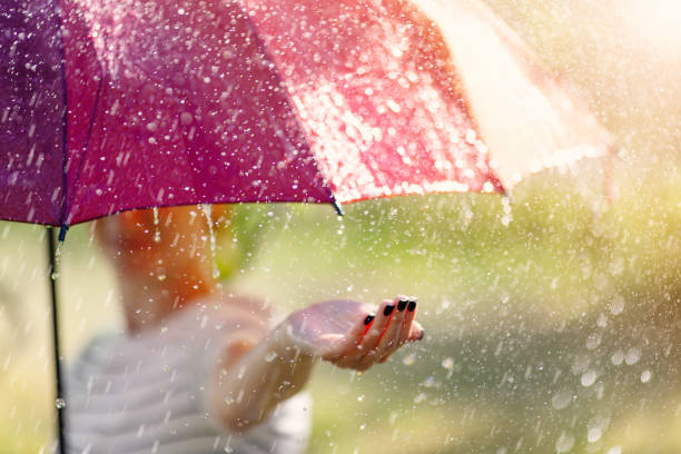 Woman standing outdoors with umbrella under the spring rain. Background and banner concept.