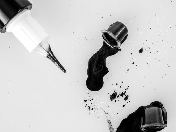 Tattoo machine for tattooing , permanent makeup, with jars of paint, close-up needle, selective