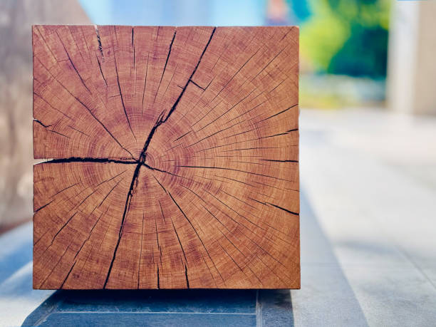 A close-up view of a square wooden beam with visible wood grain and cracks