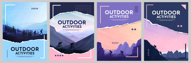 vektorová ilustrace. cestovatelský koncept objevování, zkoumání a pozorování přírody. pěší turistika. horolezectví. zážitková turistika. ploché designové prvky brožura, časopis, obálka knihy, pozvánka, plakát, leták - turista sociální role stock ilustrace