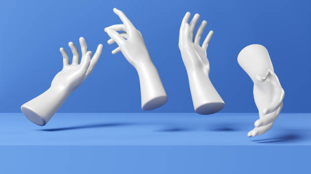 istock Set of white stone statue hand renders isolated on blue, lights and shadows, 3d render 2159366803