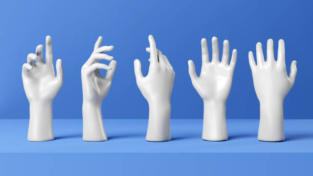 istock Set of white stone statue hand renders isolated on blue, lights and shadows, 3d render 2159366824