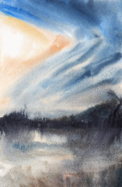 istock Abstract modern watercolor landscape art. Blue and red grey sky and indigo landscape. Impressionist illustration of storm or explosion 2159369051