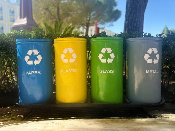 Close up recycling garbage bins in a row