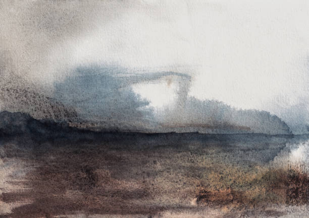 istock Abstract dark modern watercolor landscape art. Blue and brown grey sky and indigo landscape. Impressionist illustration of storm , explosion, psychedelic experience or depression 2159371315