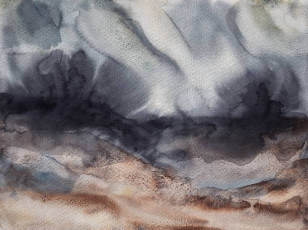 istock Abstract dark moody modern watercolor landscape art. Blue and brown grey sky and indigo landscape. Impressionist illustration of storm, explosion or psychedelic experience 2159371321