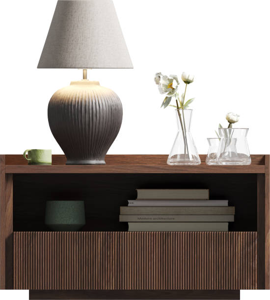 Front view of wooden night table with table lamp