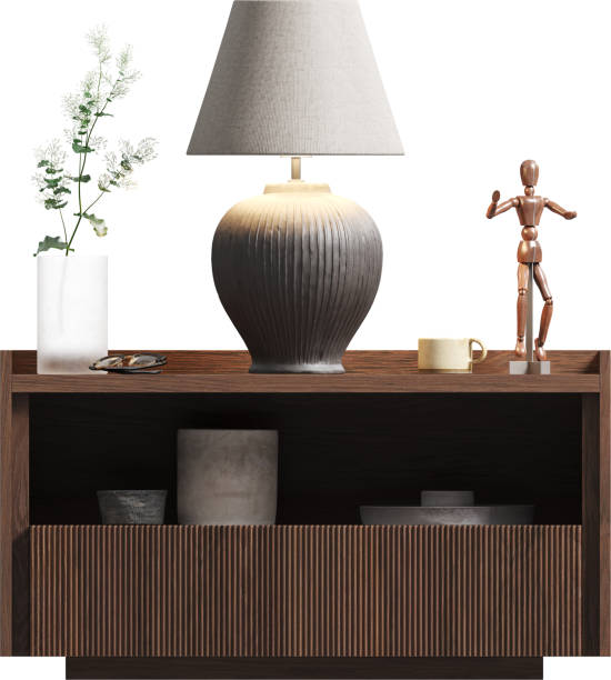 istock Front view of wooden night table with table lamp 2159375795