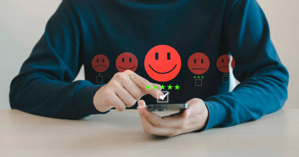 istock Customers using application gave a five-star gold satisfaction rating. Excellent level, business reputation rating, service quality. Satisfaction 5-star, service experience rating online application 2159377009
