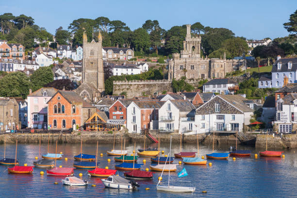 Colorful Castle Dartmouth Kingswear Devon England.  Castle originally built 1300s to protect harbor and River Dart. In 1400s castle expanded and iron chain to Kingswear to protect harbor.