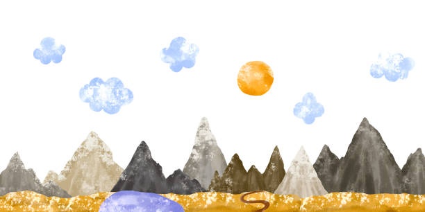 istock Watercolor background with mountains. Rocks and peaks illustration with sun. Nature scene . Perfect for wallart 2159383242