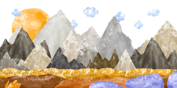 istock Watercolor background with mountains. Rocks illustration. Nature scene and sunset. Perfect for wallart 2159383253
