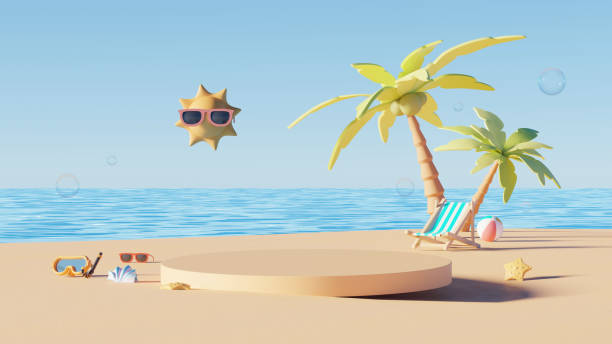 istock 3D render, Summer beach and sea holiday with podium displays and cute elements for showing product, minimal background for mock up and banner. 2159389925