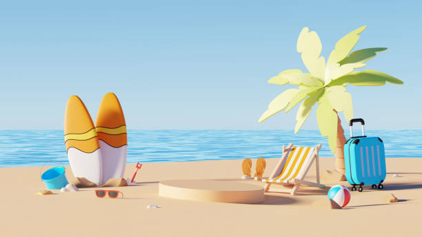 istock 3D render, minimal Summer background with empty podium or pedestal platform for showing product, cosmetic scene for mock up, beach swim elements decoration. 2159389930