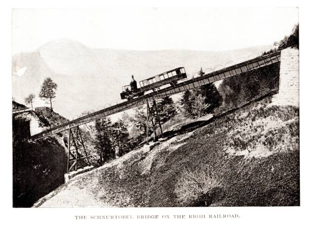 The oldest rack and pinion train on the Schnurtobel Bridge on Mount Rigi, Switzerland. Sepia-toned photograph engraving published 1893. This edition is in my private collection. Copyright is in public domain.