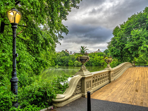The Bow Bridge early in the morning, located in Central Park, New York City, crossing over The Lake. Buildings in the background illuminated by first sun rays.