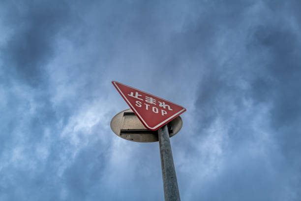Material looking up at cloudy sky and stop sign