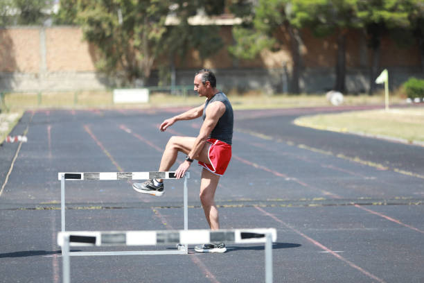 Hurdles on running track in stadium