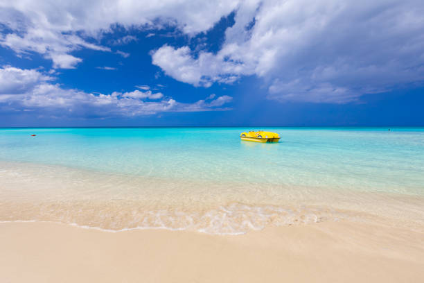 Beautiful sandy beach on a sunny day in Varadero.  Ocean view in Cuba. Summer exotic vacation