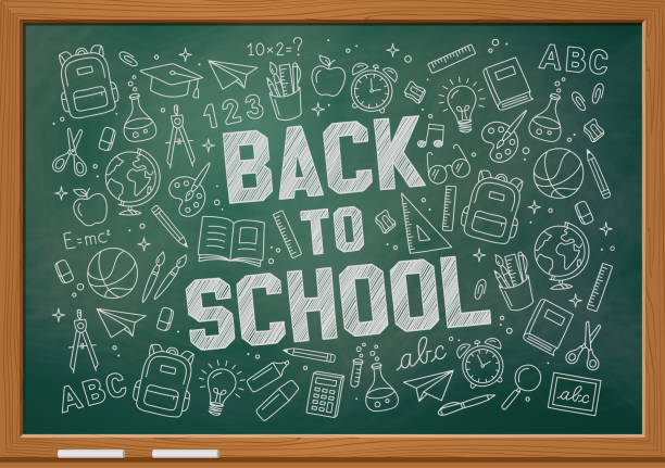 back to school with green chalkboard background and icons of school items drawn on the blackboard with white chalk. vector illustration - back to school stock illustrations