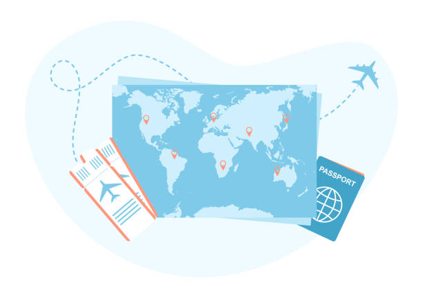 istock Paper world map with passport and plane tickets. Travel route planning. Flat vector illustration 2159414023
