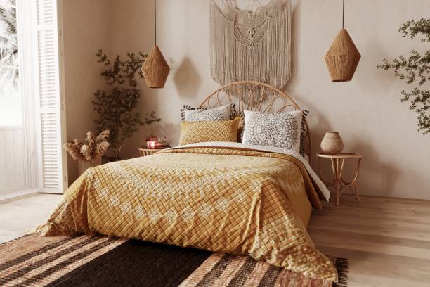 istock Beach House Mediterranean Bedroom Interior, 3D Rendering. 2159417344