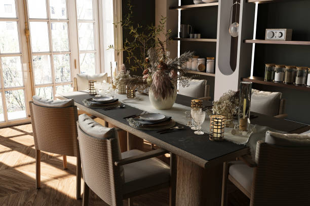 3D rendering of a dining area in modern kitchen