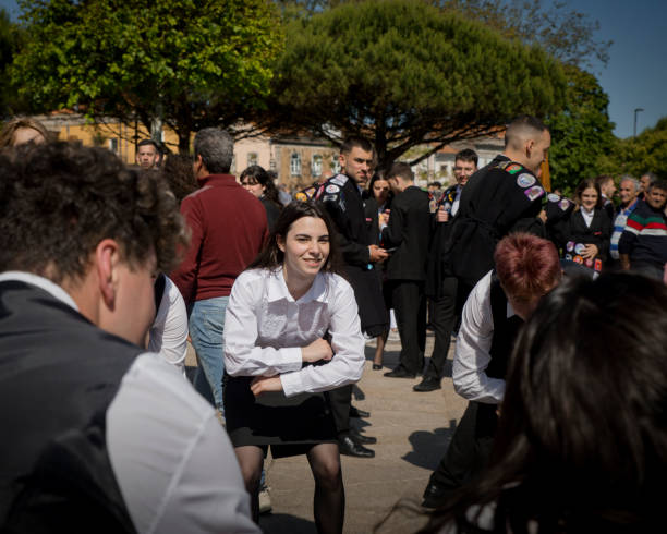 Viana do Castelo, Portugal - May 23, 2024: Students from the University of Viana do Castelo, Portugal celebrating another training victory, Viana do Castelo, Portugal.
