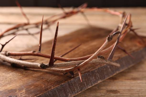 istock Crown of thorns on wooden table, closeup 2159425608