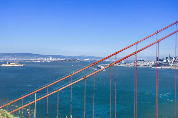 Close-Up of Golden Gate Bridge with Bay View, Alcatraz Island, and San Francisco Cityscape, CA