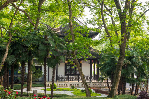 Elms and ancient buildings in a park, North China
