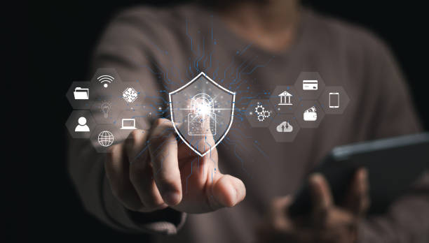 istock Security concept, data protection, cyber security lock icon and banking finance privacy. internet network safety technology Businessman protects personal data on smartphone 2159434870