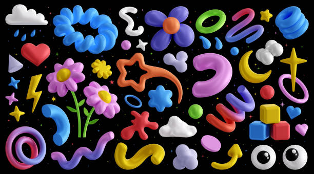 Collection of abstract colorful realistic 3D objects. Gradient lines, geometric and fluid shapes, spirals, arrow. Vector set icons Collection of abstract colorful realistic 3D objects. Gradient lines, geometric and fluid shapes, spirals, arrow. Vector set icons weather icons graphics stock illustrations