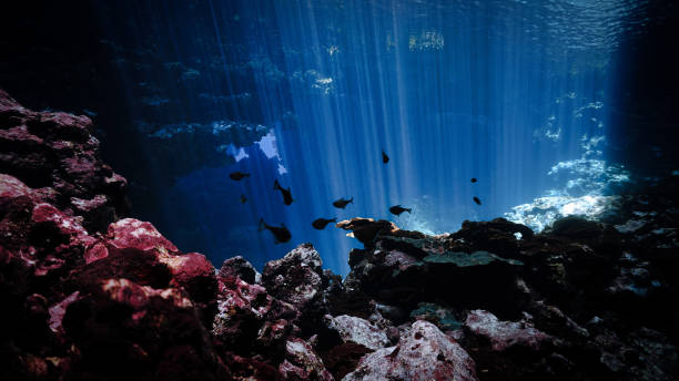 istock Rays of light inside a cave in the deep blue ocean 2159449781