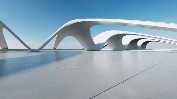 istock 3d render of abstract curve structure futuristic architecture with empty concrete floor 2159452085