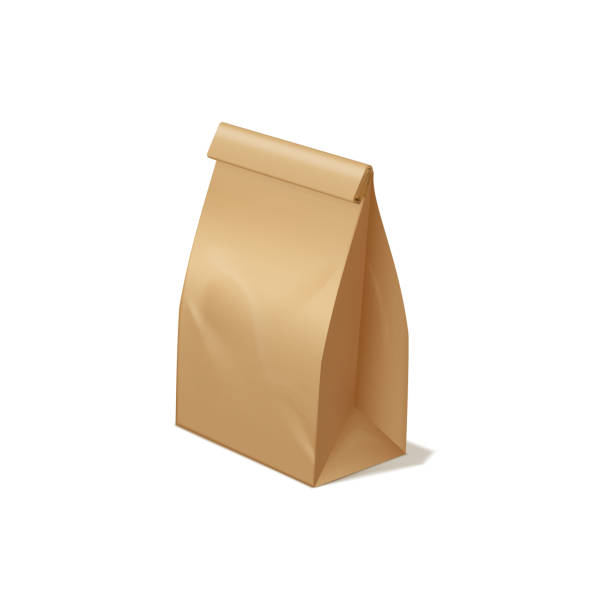 istock Brown paper lunch bag vector 3D mockup, ecological packet, realistic close kraft bag package design for takeaway product 2159456068