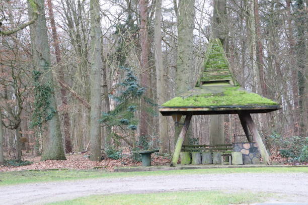 istock In the tranquil autumn forest, a peaceful pavilion covered with moss creates a serene scene 2159456517