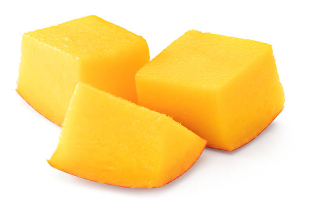 istock pieces of fresh mango isolated on white background. clipping path 2159462672