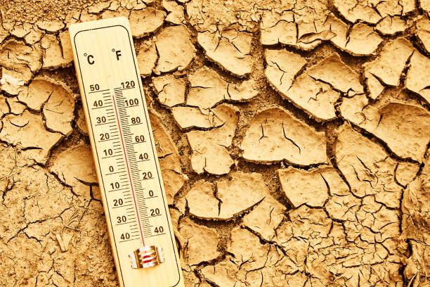 istock Climate change concept. Thermometer on arid, cracked soil representing extreme heat and drought conditions. 2159464534
