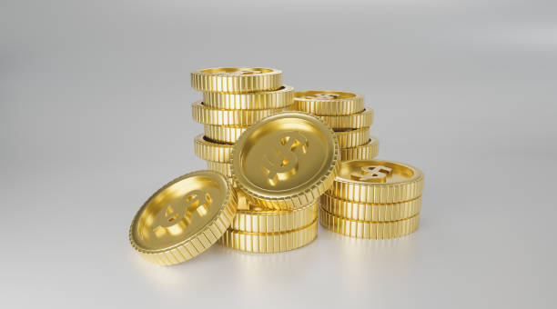 istock Realistic Gold dollar coins stack isolated white background, concept business finance, saving, exchange, currency trading, deposit, financial growth, copy space for web banner 3d render illustration. 2159468227