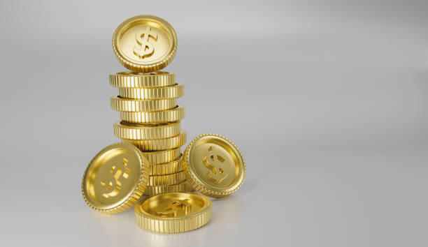 istock Realistic Gold dollar coins stack isolated white background, concept business finance, saving, exchange, currency trading, deposit, financial growth, copy space for web banner 3d render illustration. 2159468275