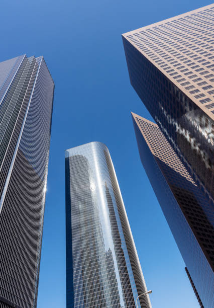 Buildings and skyline of downtown against blue sky