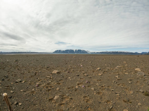 A narrow, winding path cuts through a barren, rocky landscape with distant snow-capped mountains under a partly cloudy sky.