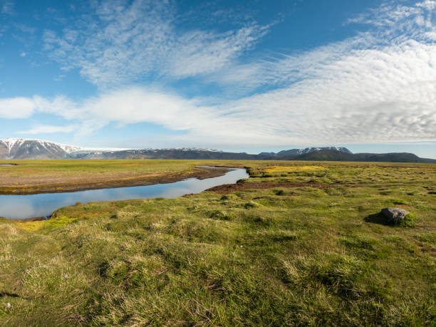 A serene landscape featuring a winding river, green fields, and snow-capped mountains under a clear blue sky with scattered clouds.
