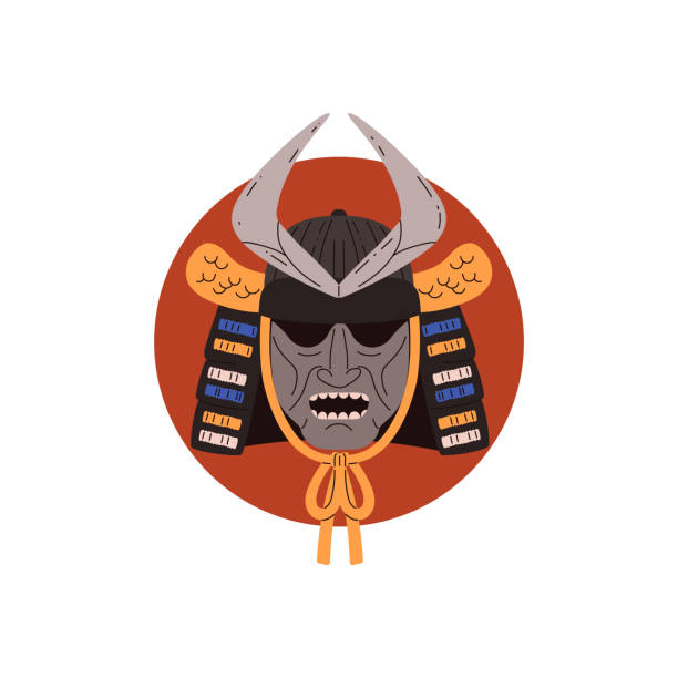 Samurai warrior mask red circle vector icon, Japanese decorated mask with horns, traditional oriental armor head helmet Samurai warrior mask on red circle vector icon. Japanese decorated mask with horns and lace. Oriental armor head helmet for Japan samurai warrior. Traditional Asian folk, Kabuki theater face traditional sun symbol art for sale stock illustrations
