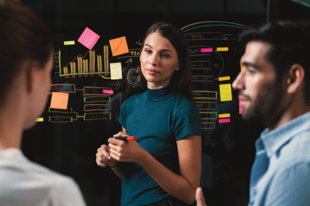 istock Businesspeople discussing,brainstorming business idea at glass wall. Tracery. 2159483473