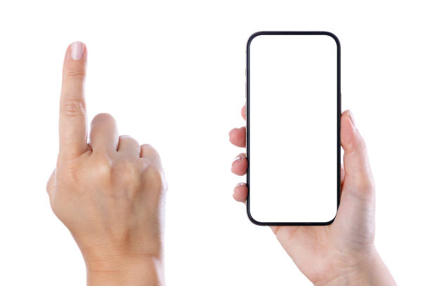istock Hand holding smartphone and also female hand pointing with finger 2159483682