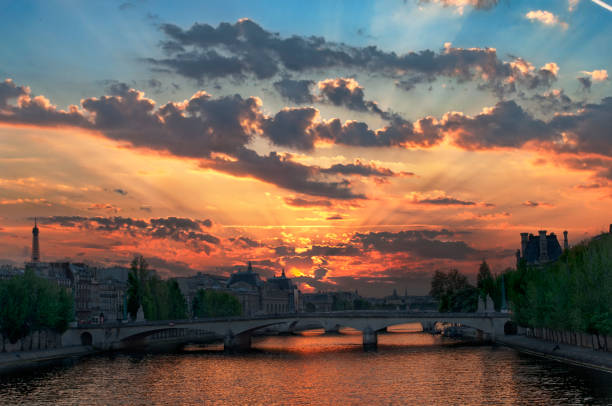 The sun setting behind pont du Carrousel, with the musée dOrsay on the left, and the musée du Louvre on the right.